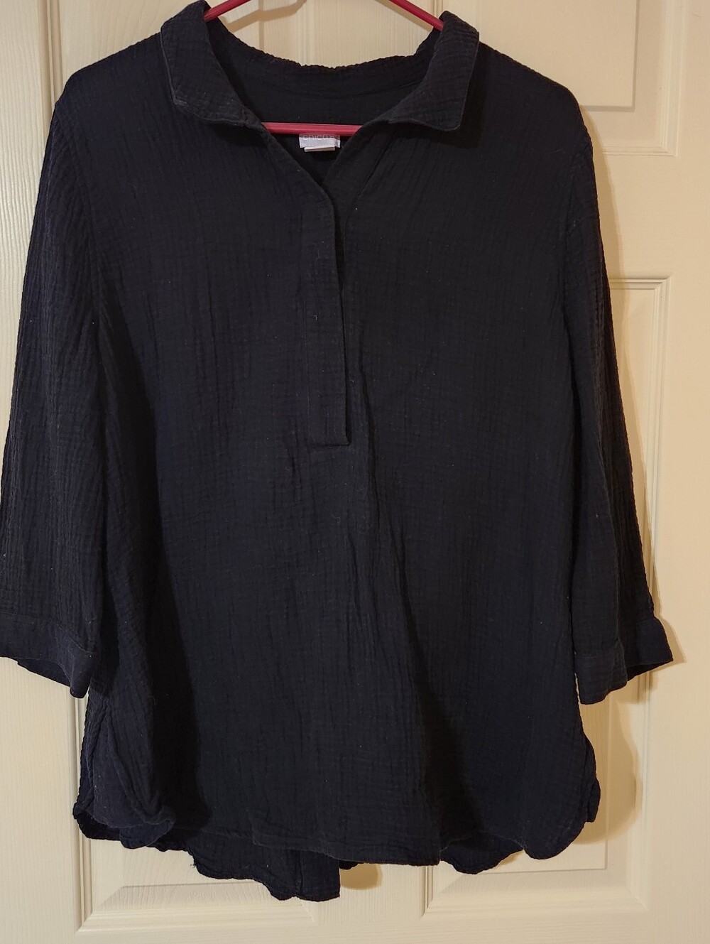 Chico's Black 100% Cotton Gauzy Button Back Blouse 3/4 Sleeve Size 2(L) Pullover
